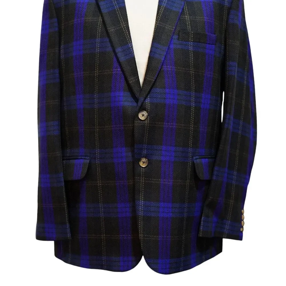 Mens Wool Sport Coat 44R Black Royal Blue Plaid Blazer 2 Button Wedding Formal